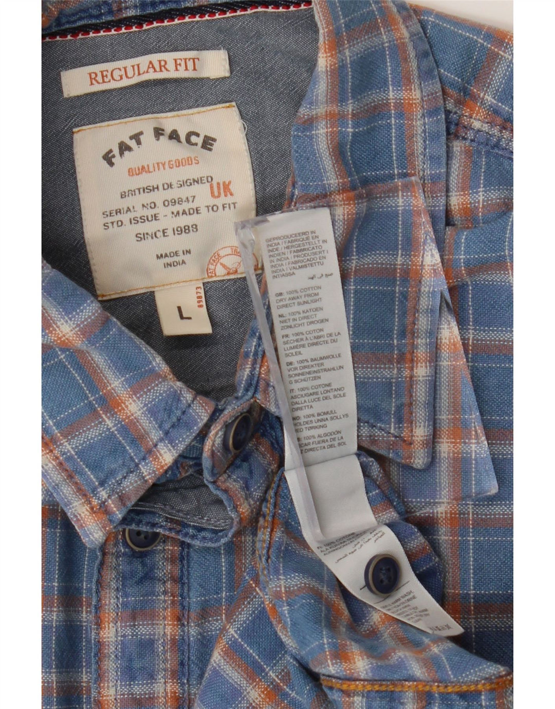 Camisa de ajuste regular de manga curta masculina Fat Face grande algodão xadrez azul