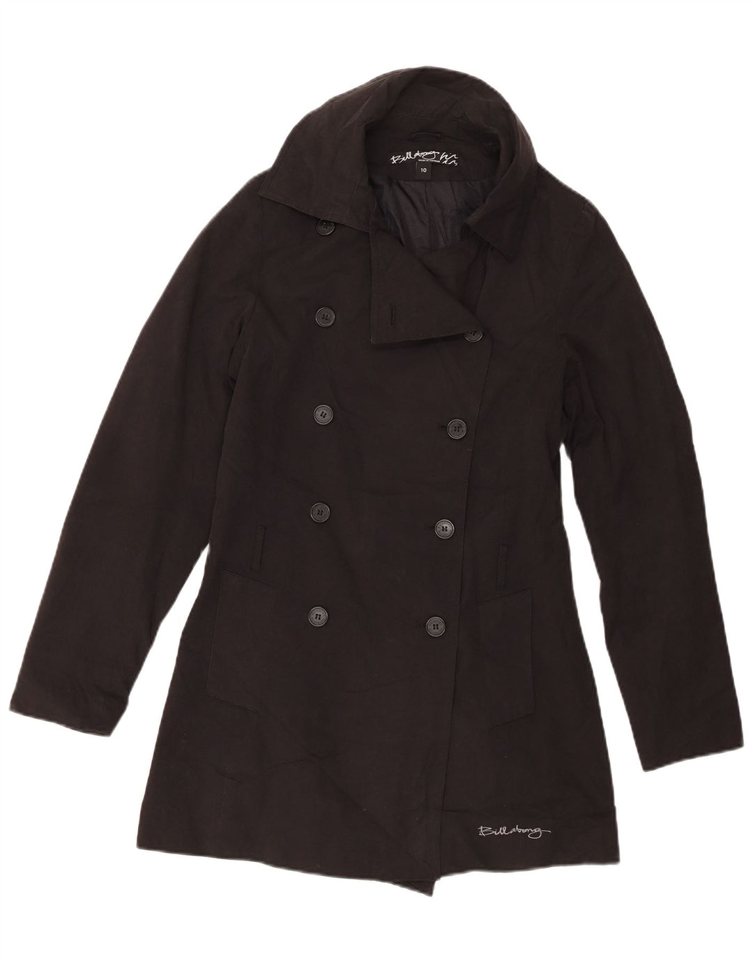 Casaco feminino Billabong com peito duplo UK 10 pequeno algodão preto