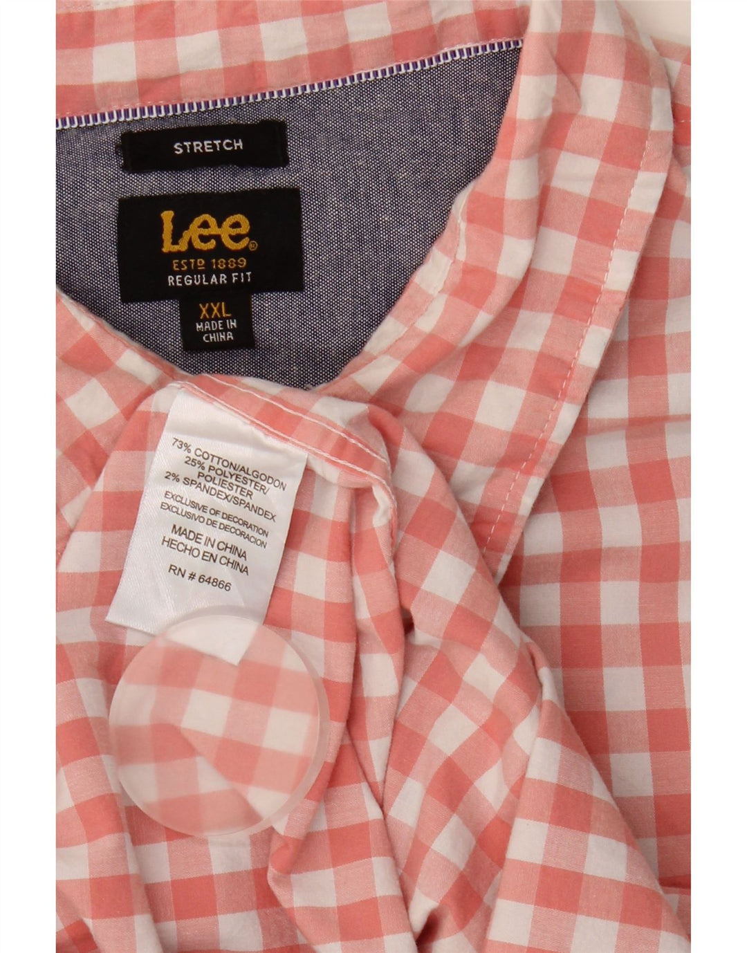 Lee Mens Stretch Manga Curta Regular Fit Camisa 2XL Algodão Gingham Rosa
