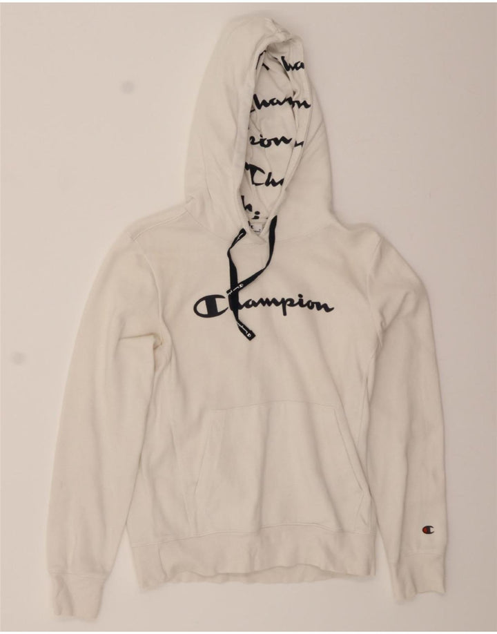 CHAMPION Womens Graphic Hoodie Jumper UK 12 Medium White Cotton Vintage Champion and Second-Hand Champion from Messina Hembry 