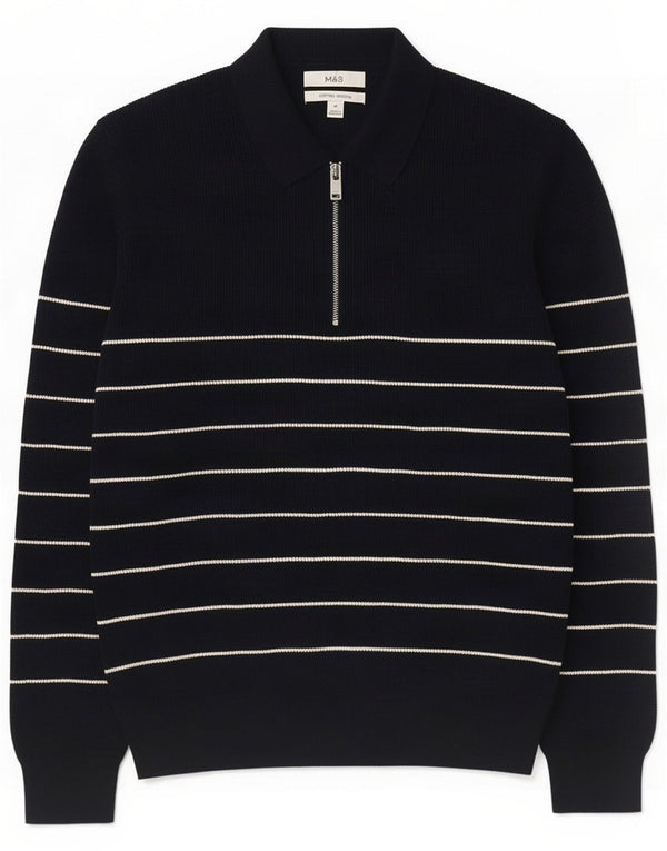 Suéter masculino com gola polo Marks & Spencer médio listrado azul marinho