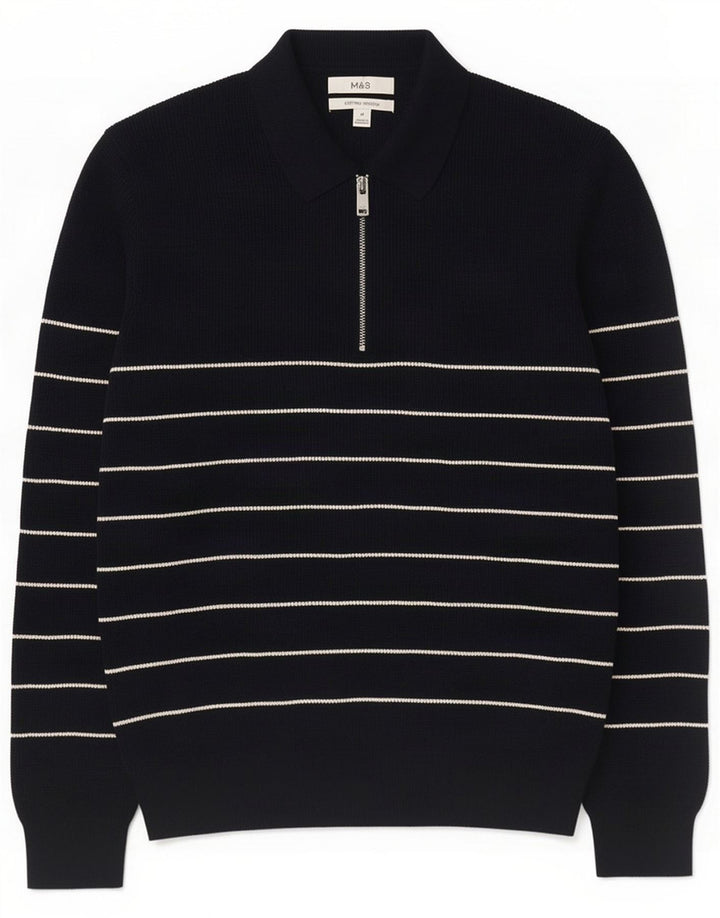Suéter masculino com gola polo Marks & Spencer médio listrado azul marinho