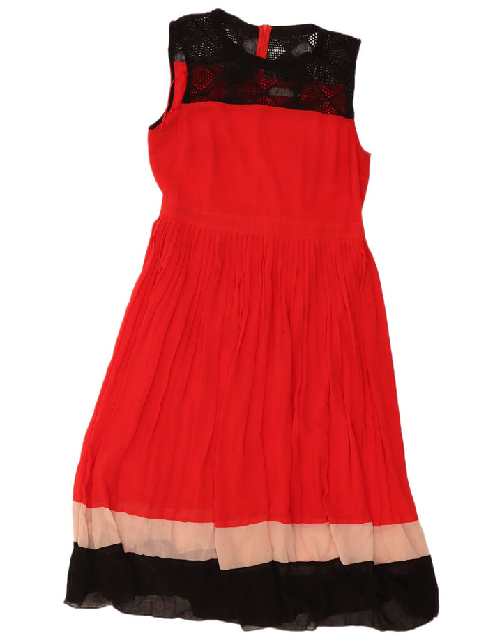 Vestido feminino Oasis sem mangas evasê UK 14 grande bloco colorido vermelho poliéster