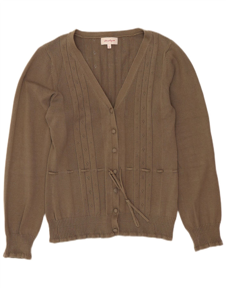 Suéter cardigã feminino vintage Reino Unido 10 algodão marrom pequeno