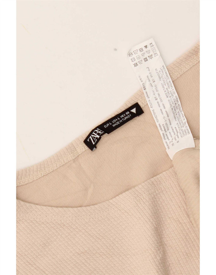 Zara Crop Top Feminino Manga Longa Reino Unido 14 Grande Poliéster Bege