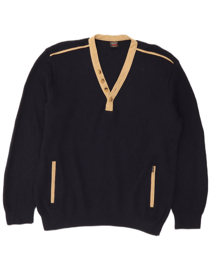 Suéter masculino PAUL & SHARK com decote em V grande lã colorblock azul marinho