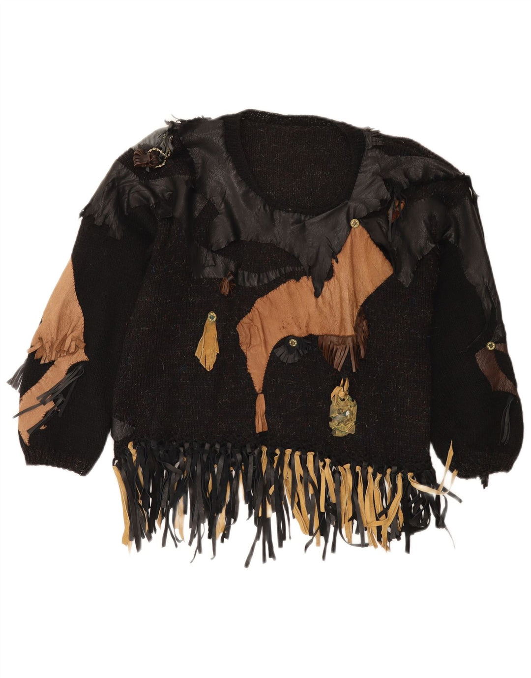 Suéter feminino vintage com gola canoa UK 14 patchwork preto médio
