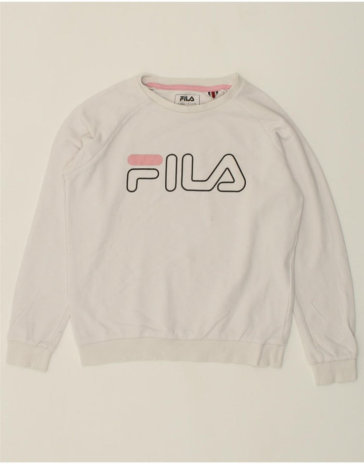 FILA Girls Graphic Sweatshirt Jumper 9-10 Years White Cotton Vintage Fila and Second-Hand Fila from Messina Hembry 