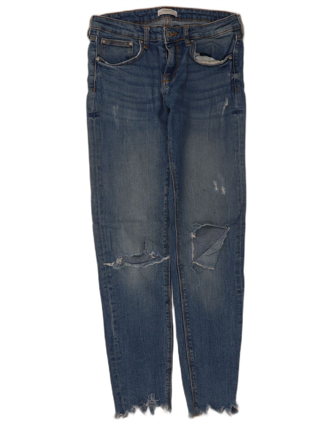 Zara Jeans femininos desgastados slim UE 38 pequeno W28 L28 azul