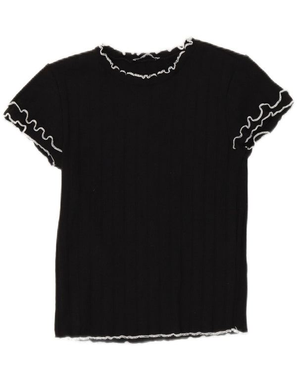 Zara Womens Crop T-Shirt Top UK 12 Médio Preto Poliéster