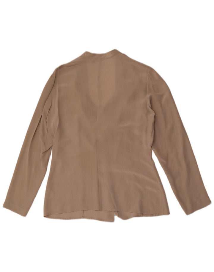 Blusa feminina vintage com gravata frontal Reino Unido 14 grande seda bege