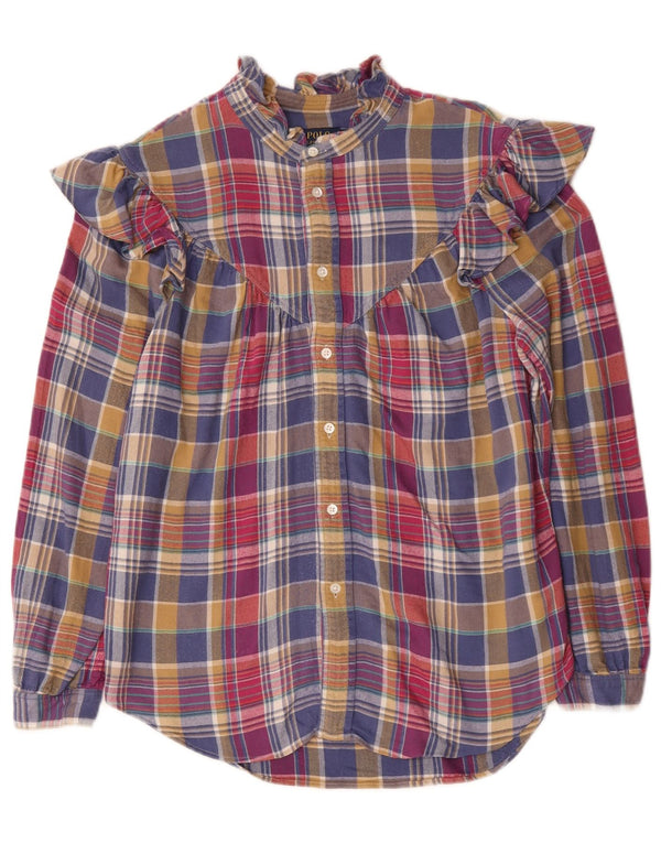 Polo Ralph Lauren Camisa feminina com babados na frente EUA 10 grande xadrez multicolorido