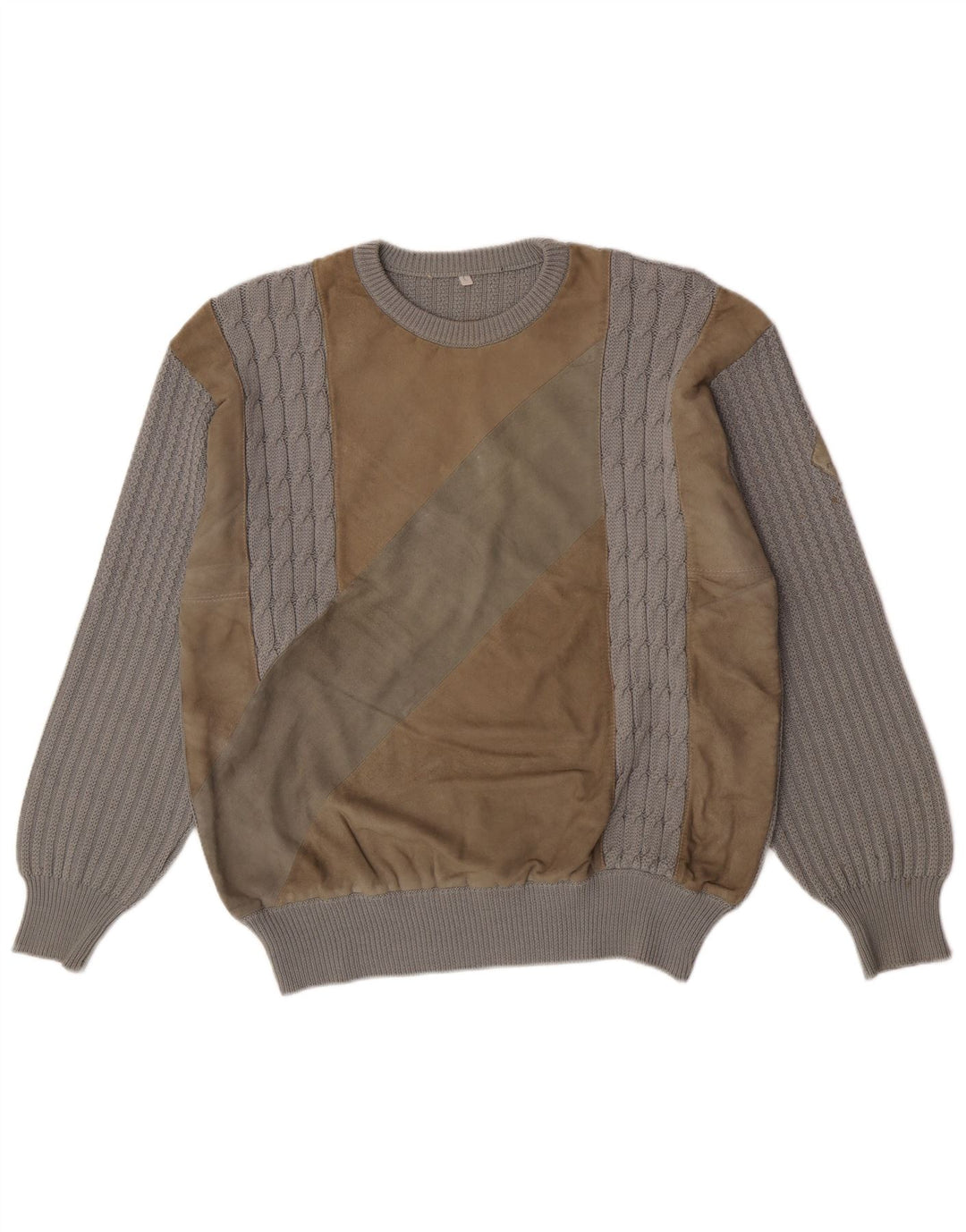 Suéter vintage masculino com gola redonda, grande lã colorblock cinza