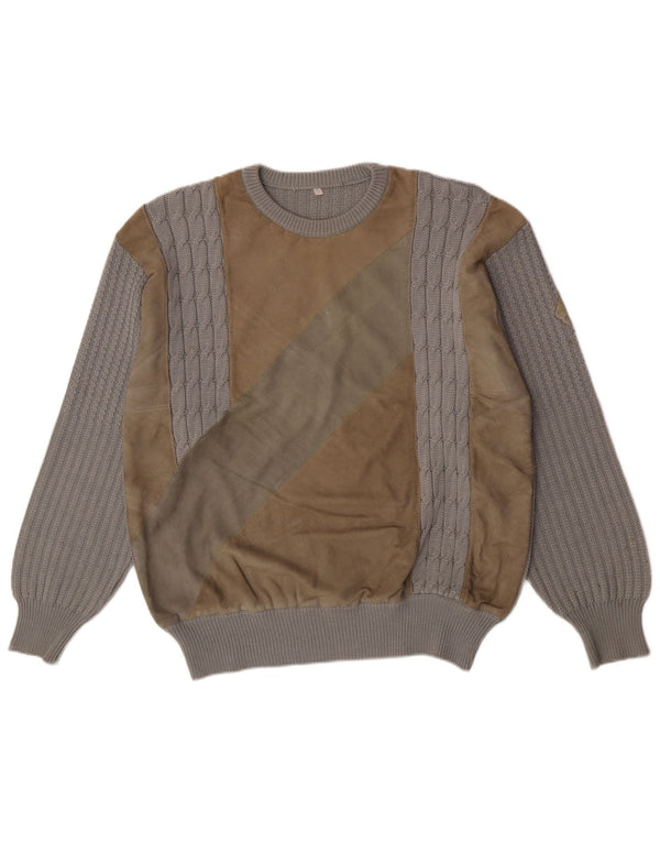 Suéter vintage masculino com gola redonda, grande lã colorblock cinza
