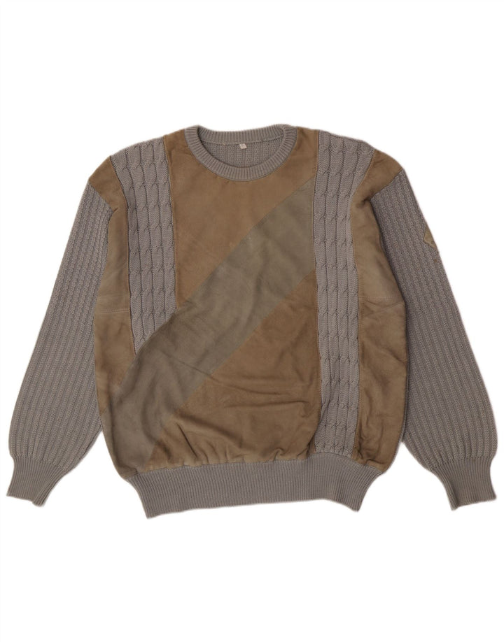 Suéter vintage masculino com gola redonda, grande lã colorblock cinza