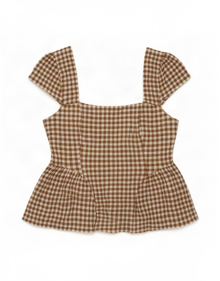 Blusa feminina Marks & Spencer Reino Unido 12 algodão guingão bege médio