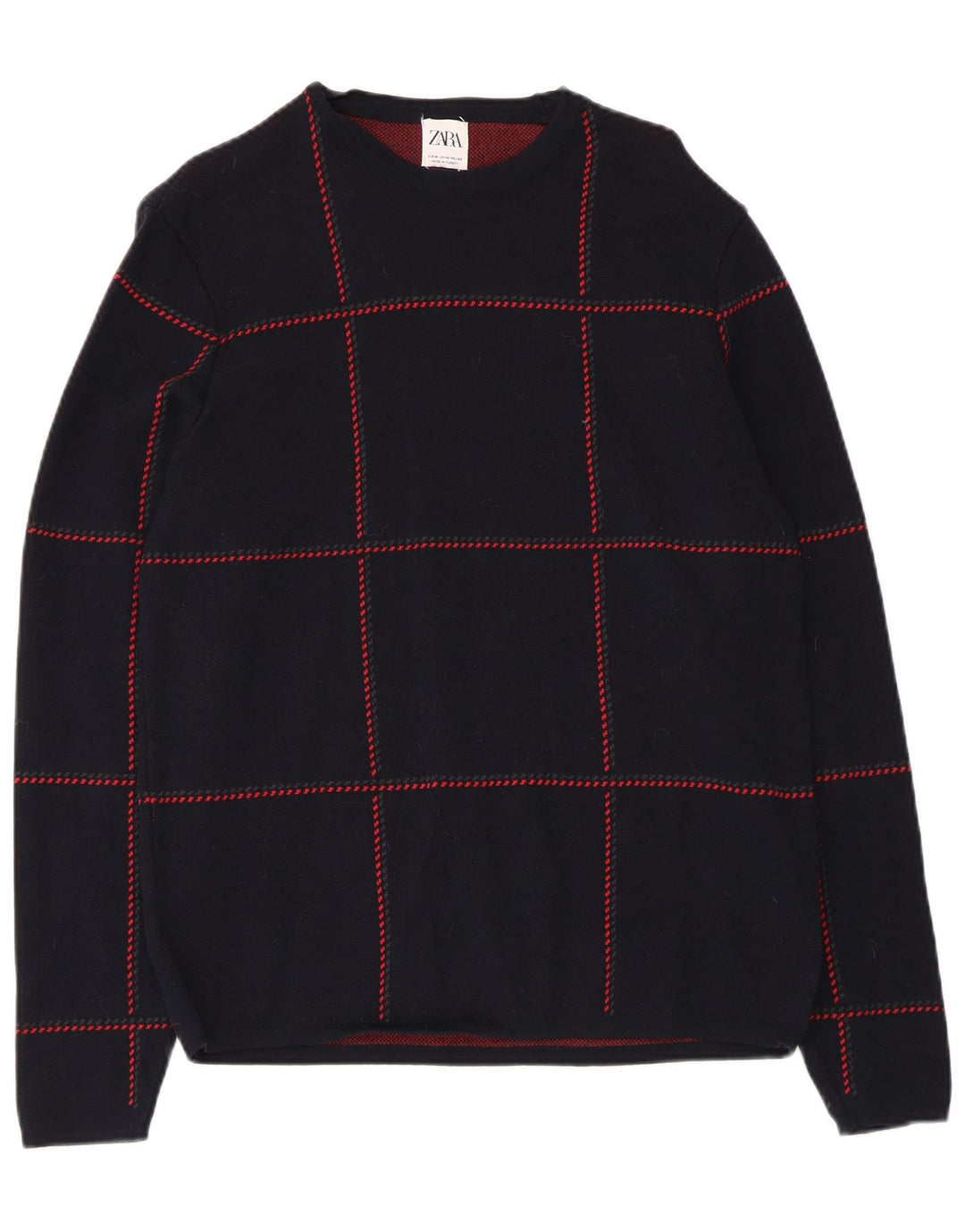 Zara Suéter masculino com gola redonda e algodão xadrez médio azul marinho