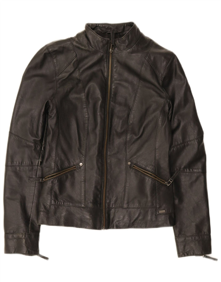 Jaqueta feminina de couro para motociclista S.Oliver UK 10 pequena pele de cordeiro preta