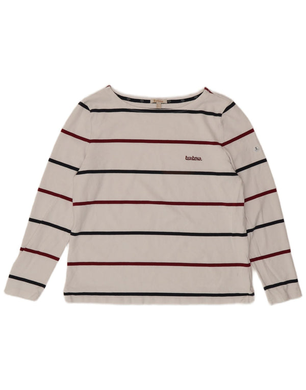 BARBOUR Womens Top Long Sleeve UK 16 Large  White Striped Cotton