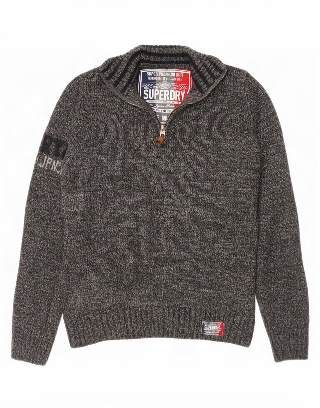 Suéter masculino Superdry gráfico com zíper e gola em acrílico cinza médio manchado