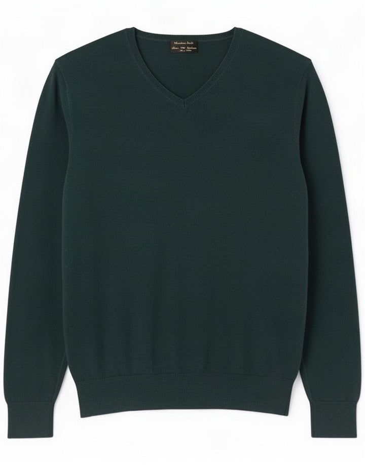 Suéter masculino Massimo Dutti com decote em V de algodão verde médio