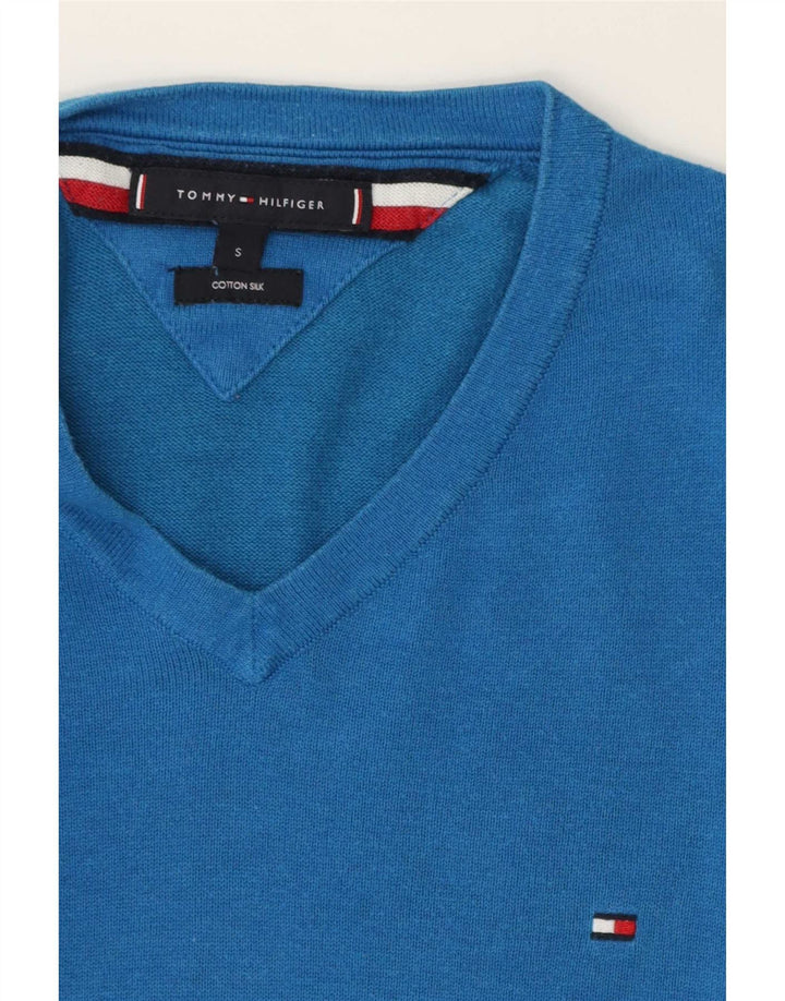 Suéter masculino Tommy Hilfiger com decote em V pequeno azul algodão