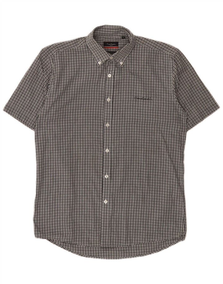 Pierre Cardin Camisa masculina de manga curta regular fit pequena cinza guingão