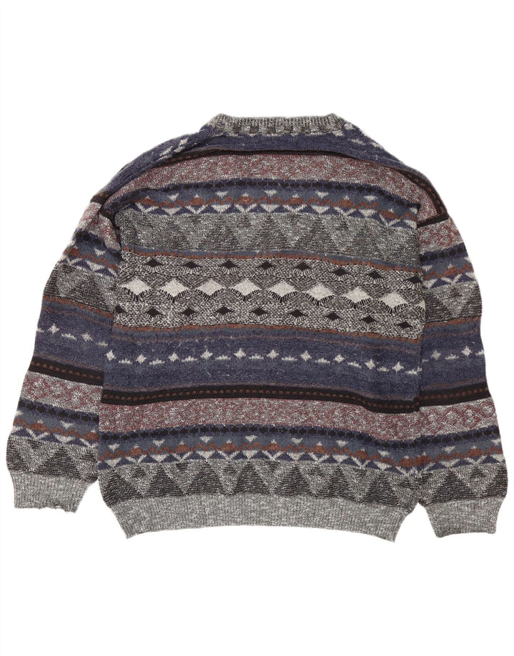 Suéter masculino vintage com decote em V grande multicolorido Fair Isle