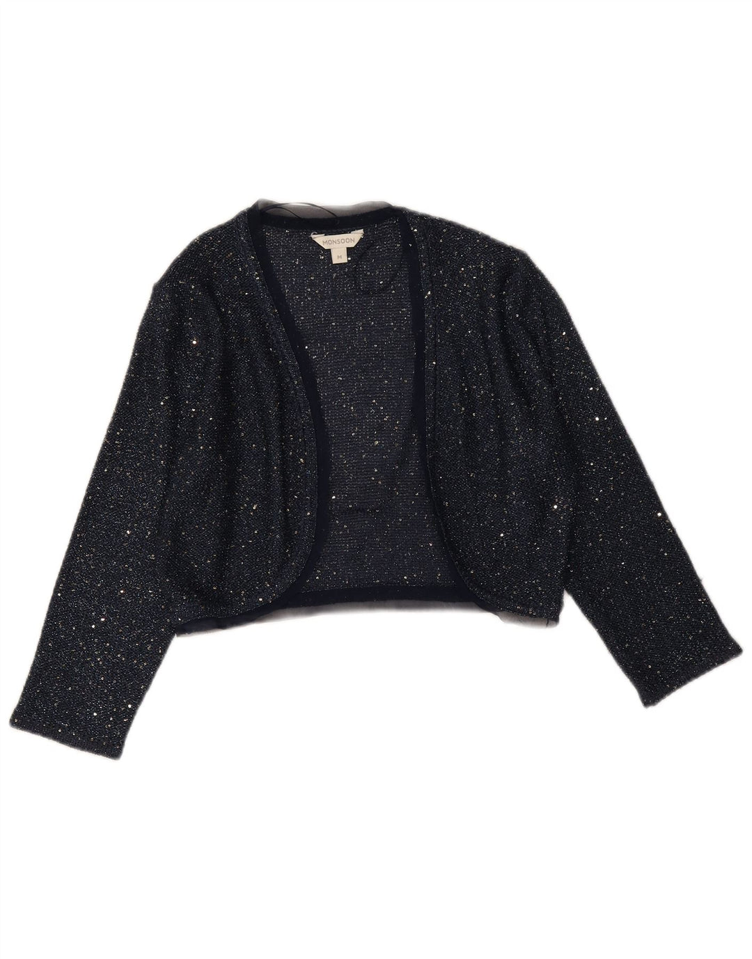Monsoon Bolero Jumper feminino manga 3/4 Reino Unido 12 poliéster azul marinho médio