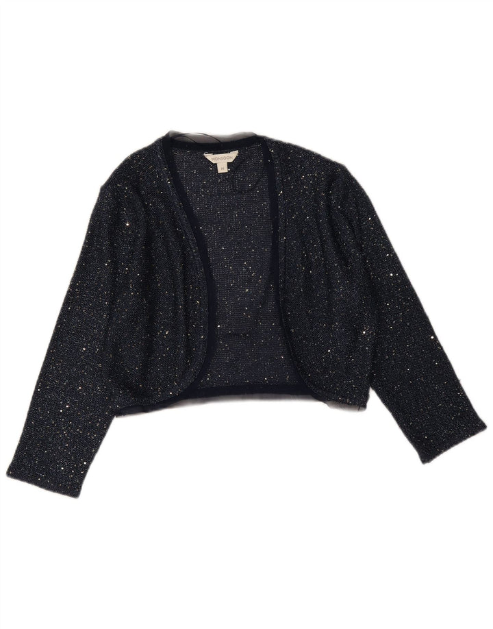 Monsoon Bolero Jumper feminino manga 3/4 Reino Unido 12 poliéster azul marinho médio
