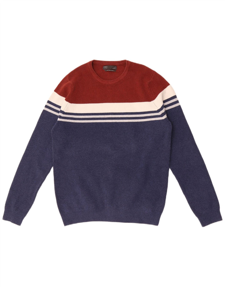 Suéter masculino Marks & Spencer com gola redonda, bloco colorido azul marinho médio
