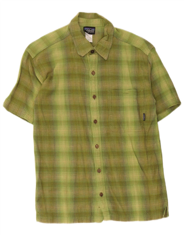 Camisa masculina de manga curta Patagonia pequena verde xadrez algodão