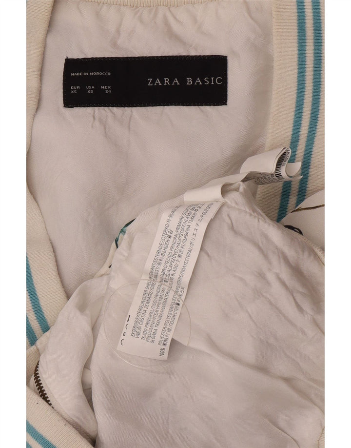 Zara Womens Graphic Bomber Jacket UK 6 XS Branco Floral Poliéster