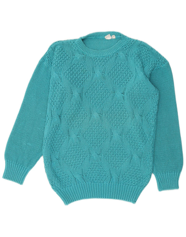 Suéter feminino vintage com gola redonda EU 36/38 algodão azul médio