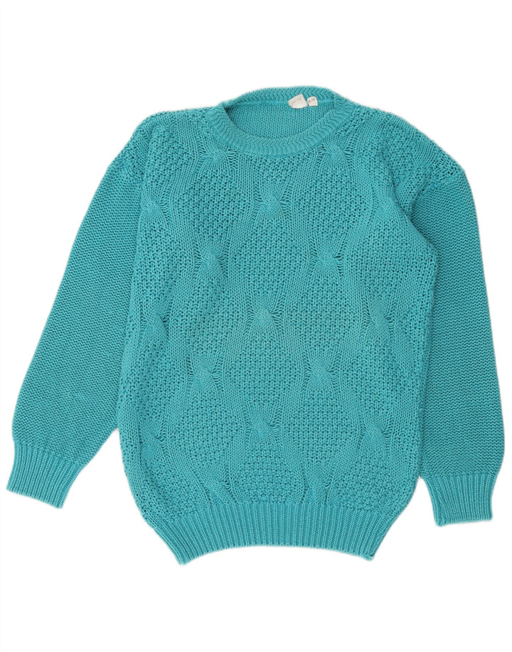 Suéter feminino vintage com gola redonda EU 36/38 algodão azul médio