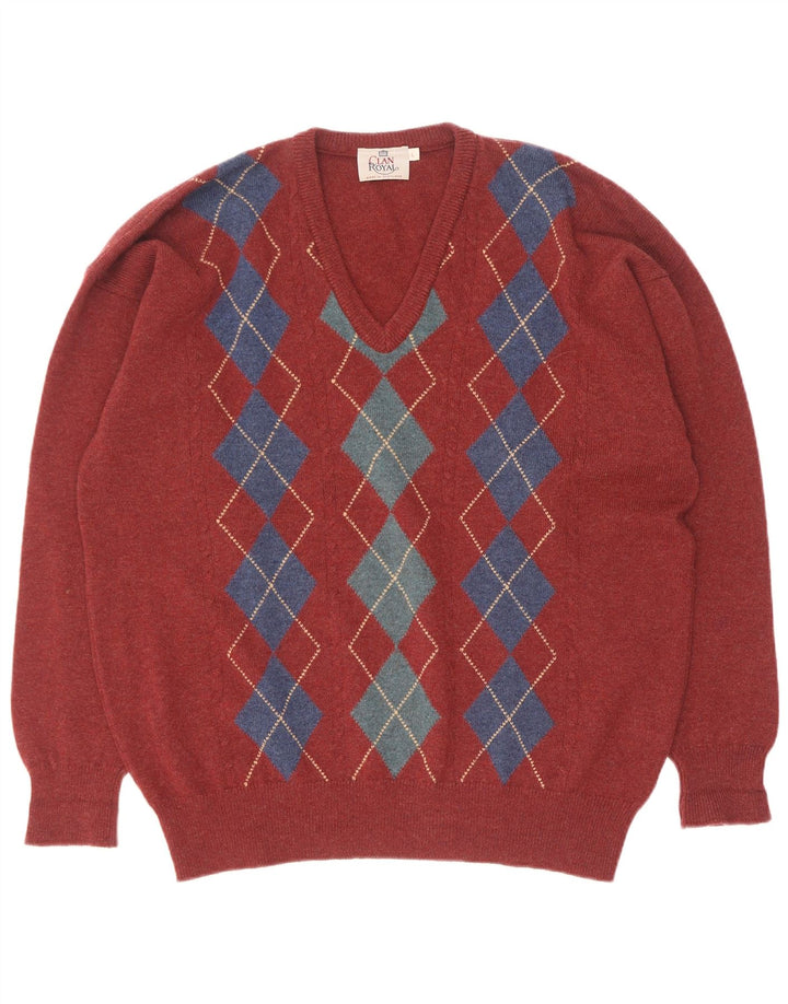 Suéter masculino Clan Royal com decote em V grande vermelho Argyle/Diamante Lambswool