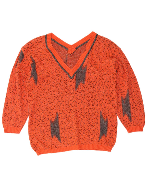 Suéter feminino vintage com decote em V Reino Unido 16 grande laranja manchado