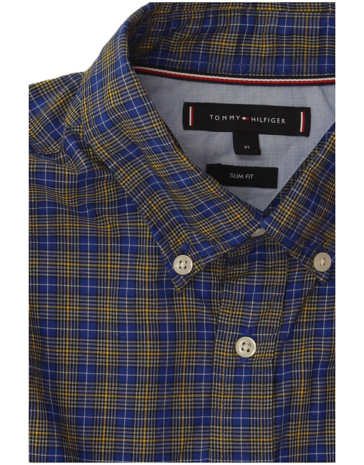 Tommy Hilfiger Camisa masculina Slim Fit de algodão xadrez azul médio