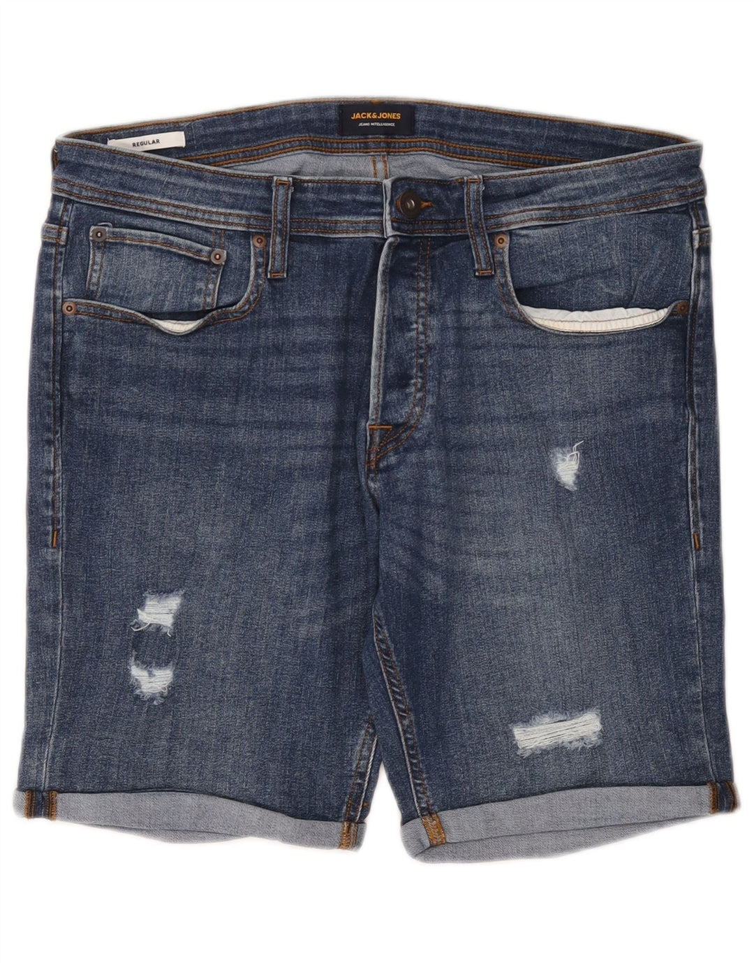 Shorts jeans masculino regular desgastado Jack & Jones grande W36 algodão azul