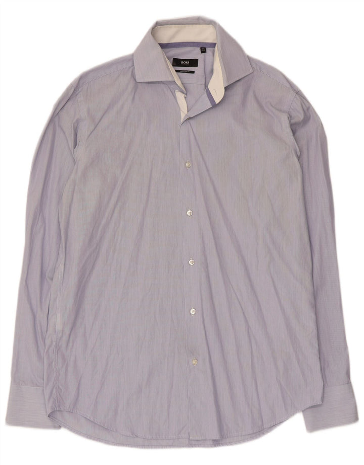 Camisa masculina Hugo Boss Regular Fit tamanho 39 15 1/2 risca de giz azul médio
