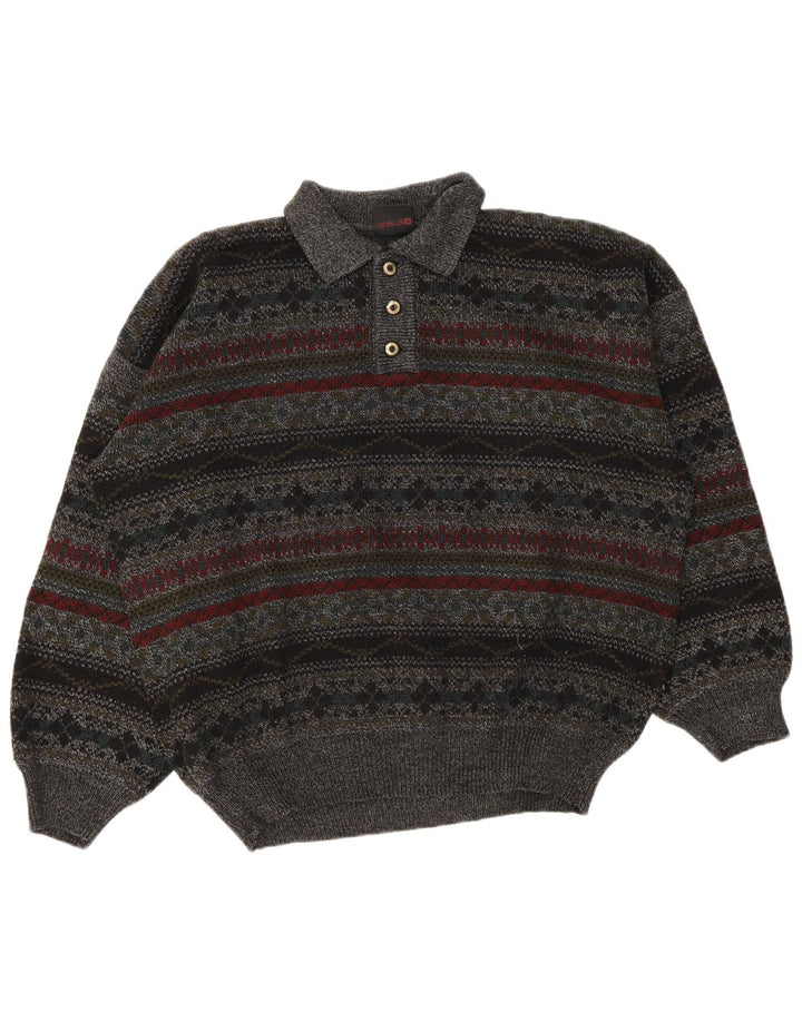 Camisa polo masculina vintage XL cinza Fair Isle
