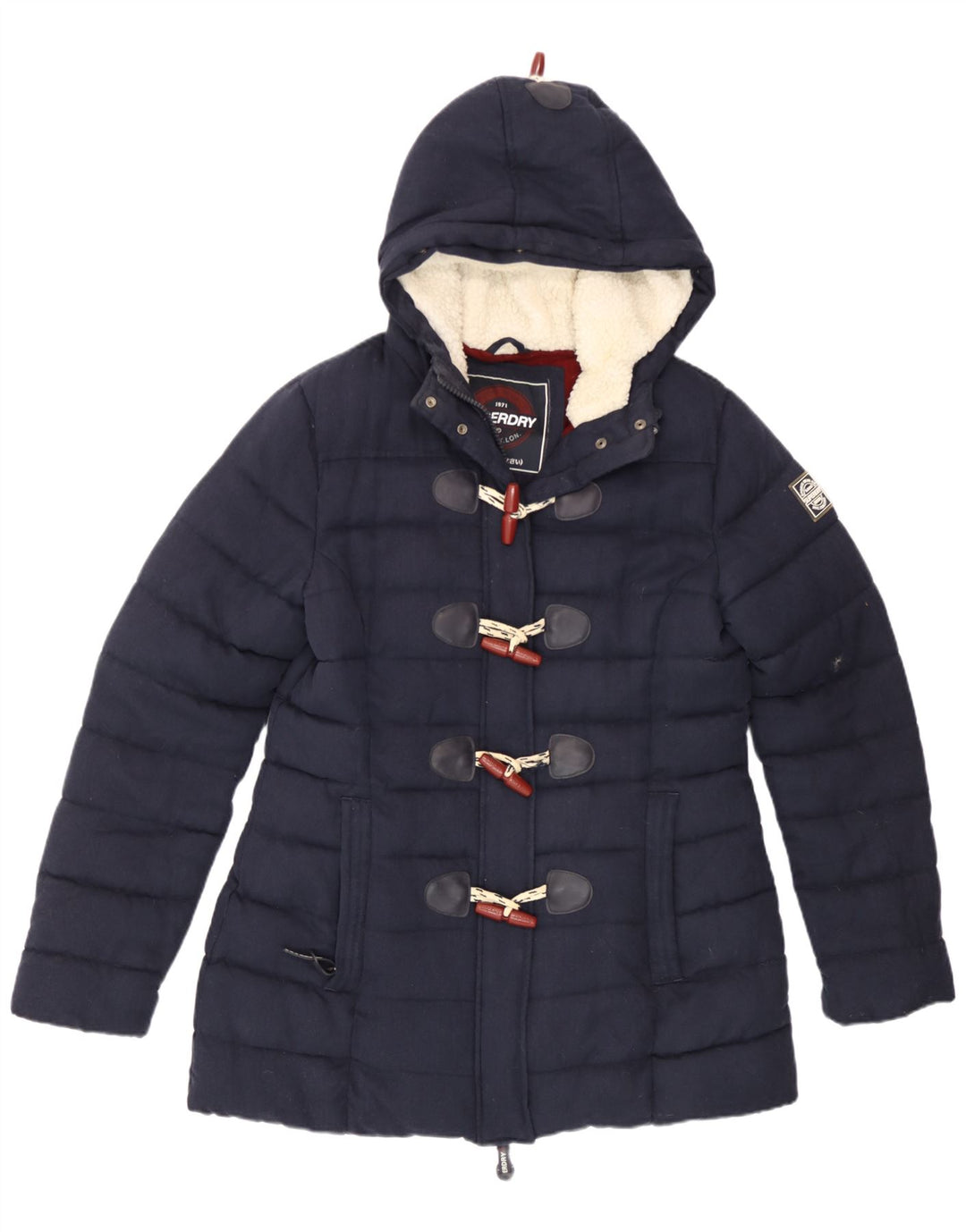 Jaqueta acolchoada feminina Superdry com capuz Duffle UK 14 grande poliéster azul marinho