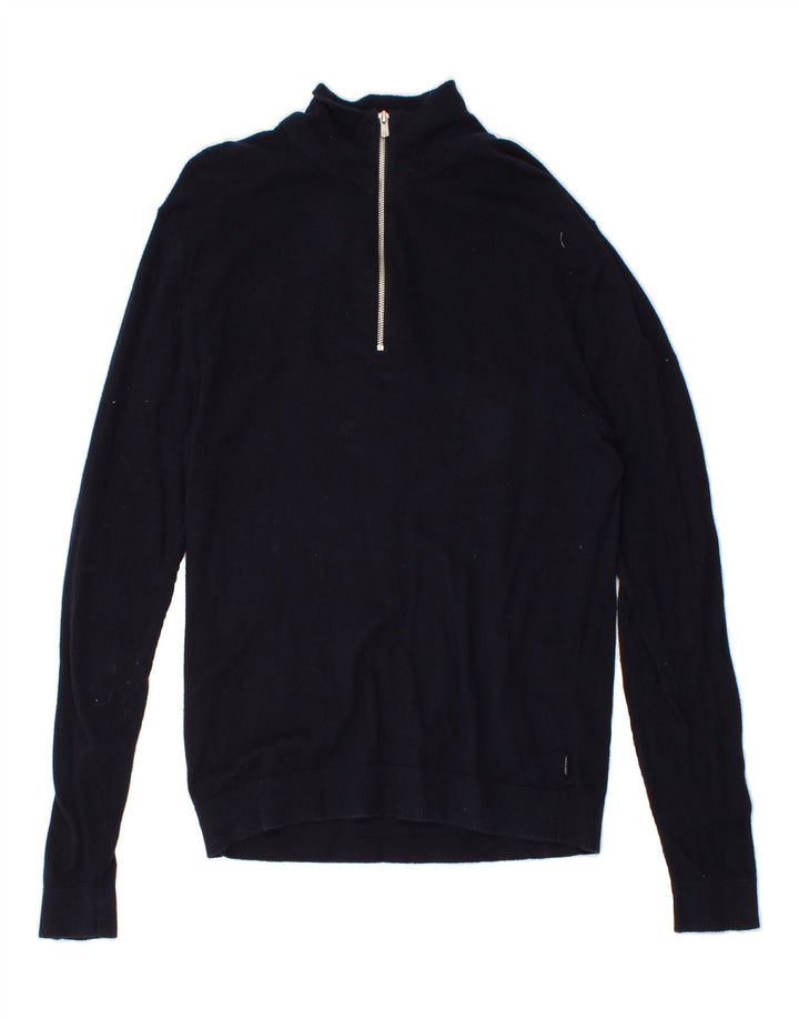 JACK & JONES Mens Zip Neck Jumper Sweater Large Navy Blue Cotton Vintage Jack & Jones and Second-Hand Jack & Jones from Messina Hembry 