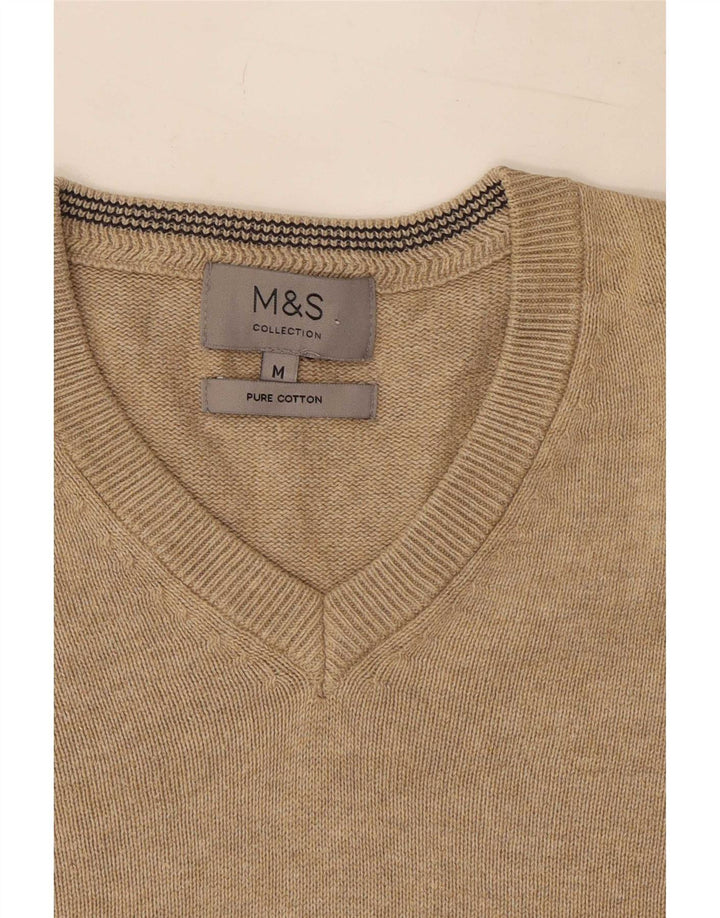 Suéter masculino Marks & Spencer com decote em V, algodão bege médio
