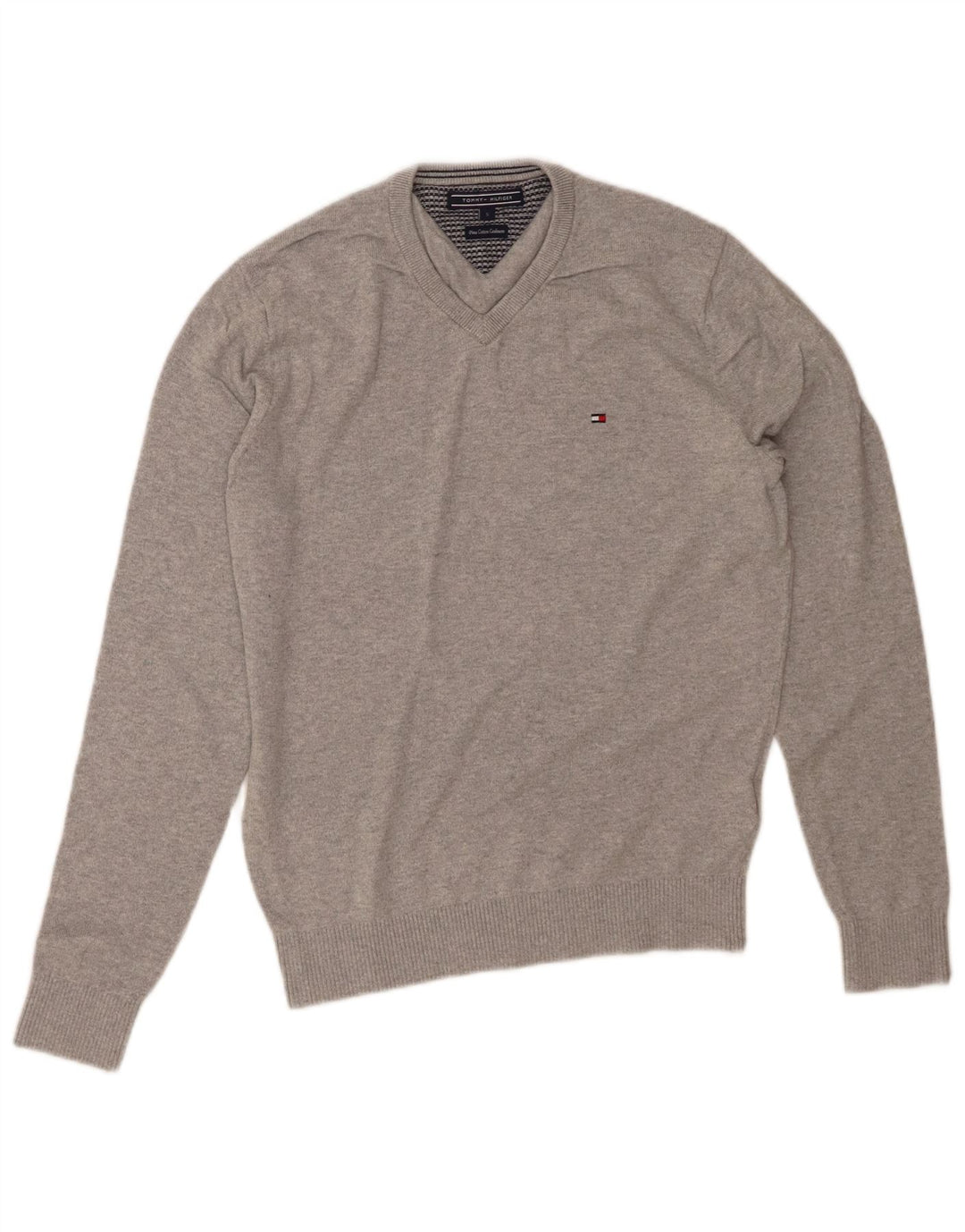 Suéter masculino TOMMY HILFIGER com decote em V pequeno algodão cinza