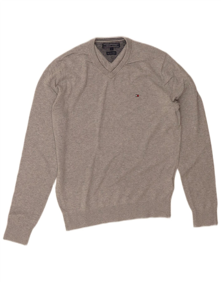 Suéter masculino TOMMY HILFIGER com decote em V pequeno algodão cinza