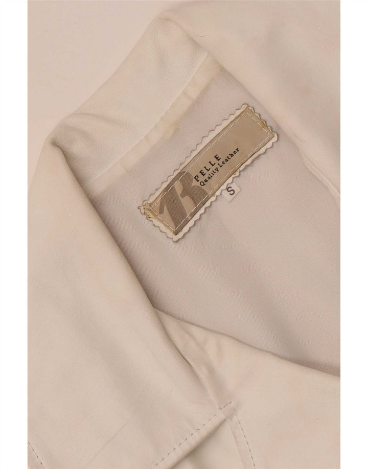 Jaqueta blazer feminina vintage de couro com 3 botões Reino Unido 10 pequena branca
