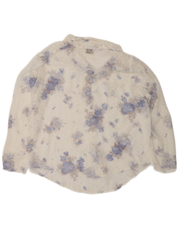 Blusa feminina vintage transparente Reino Unido 14 grande floral branco