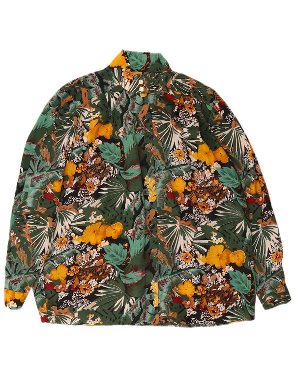 Camisa feminina vintage de manga comprida UK 22 3XL verde floral