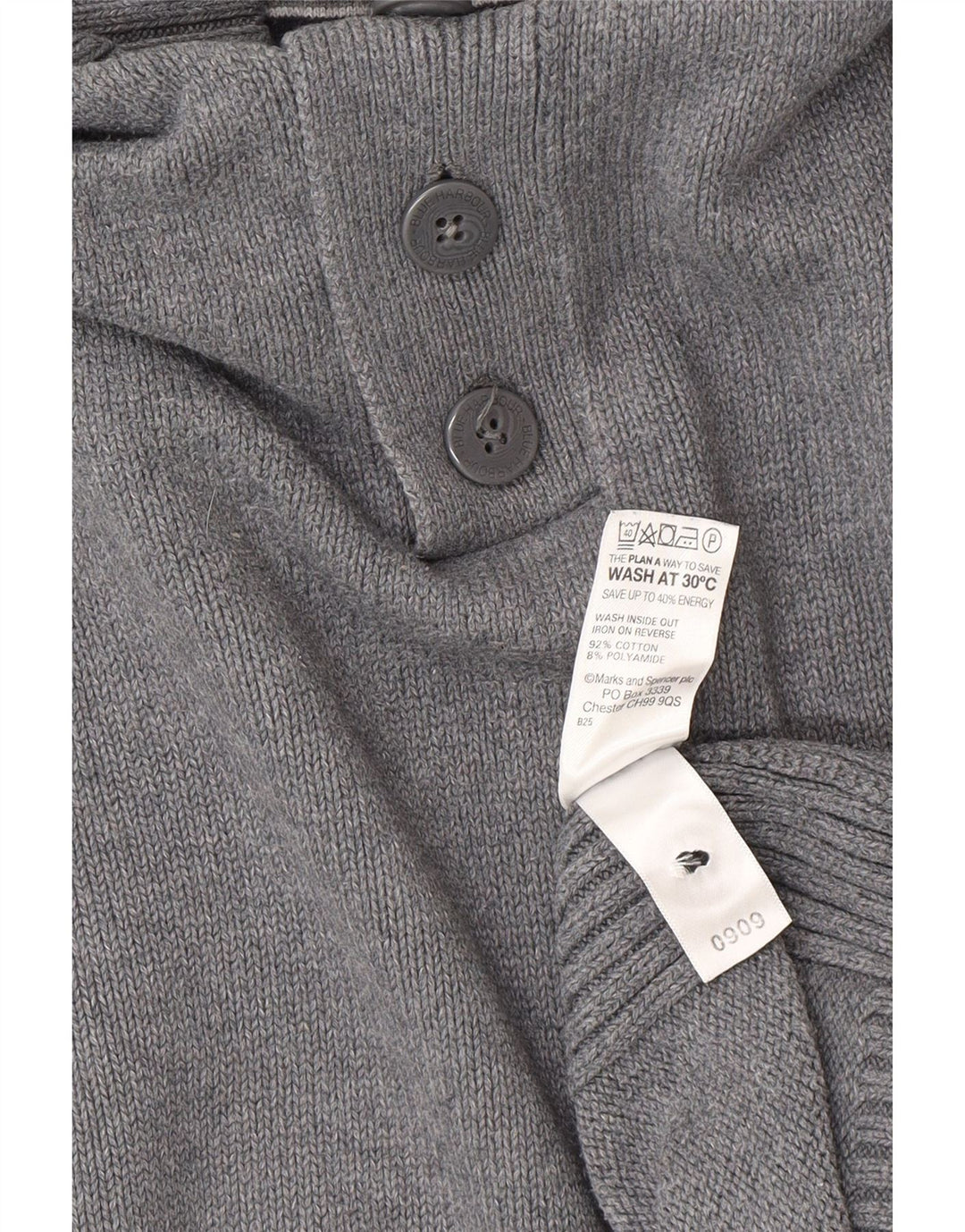 Suéter masculino Marks & Spencer Blue Harbor com botão e gola 2XL cinza